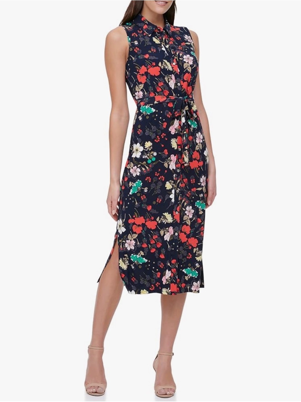 Tommy Hilfiger Shirt Dress Womens  8 Floral Sleeveless Tie Waist MIDI